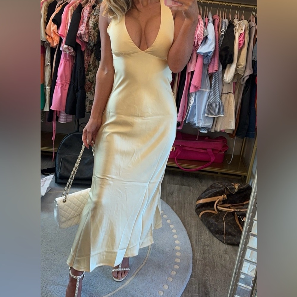 Satin Slip Midi Dress in Pale Yellow
